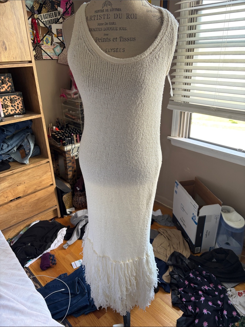 Women’s J Crew Cream Knit Fringe Hem Tank Dress - Medium